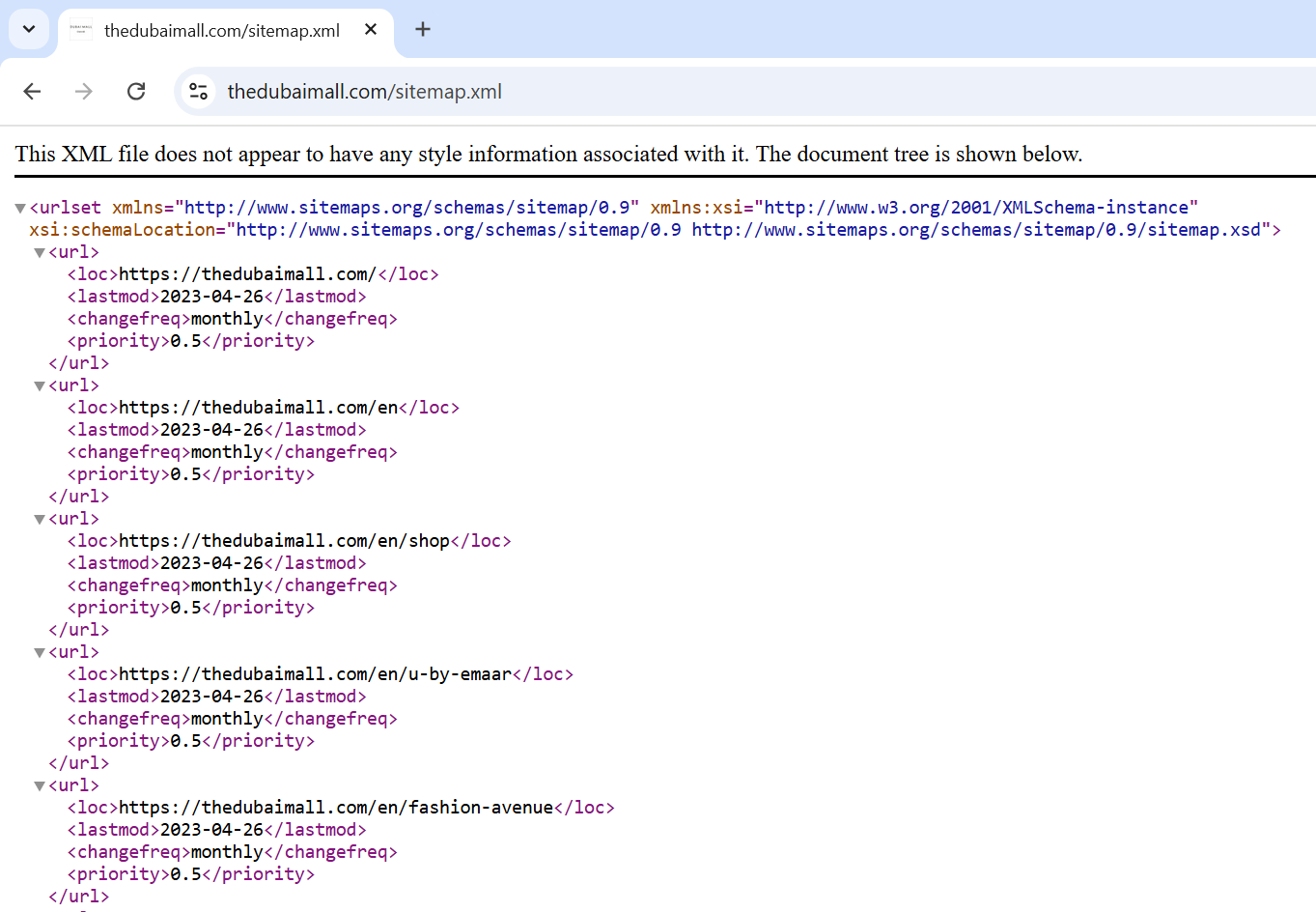 example of www.thedubaimall.com XML sitemap
