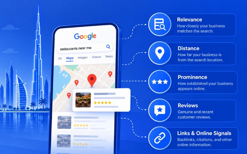 Google Maps local ranking factors including relevance, distance, reviews, and backlinks