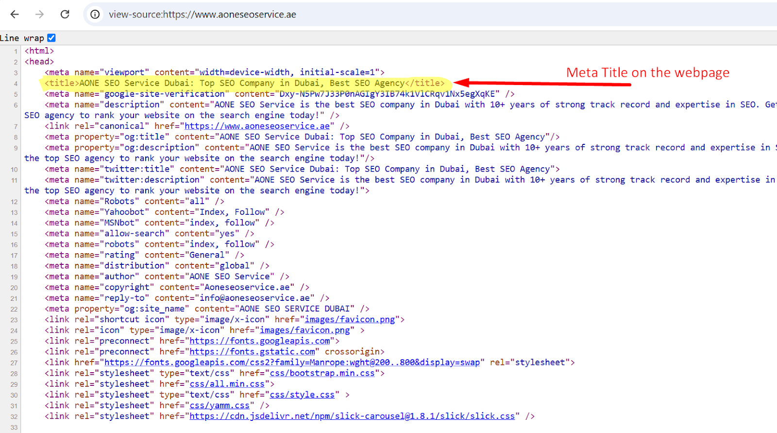 same meta title as source code of the webpage
